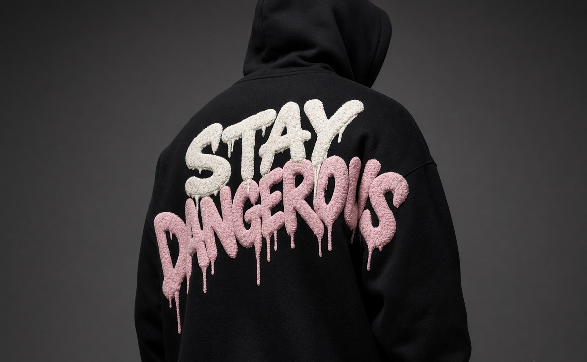Black hoodie with pink STAY DANGEROUS back print