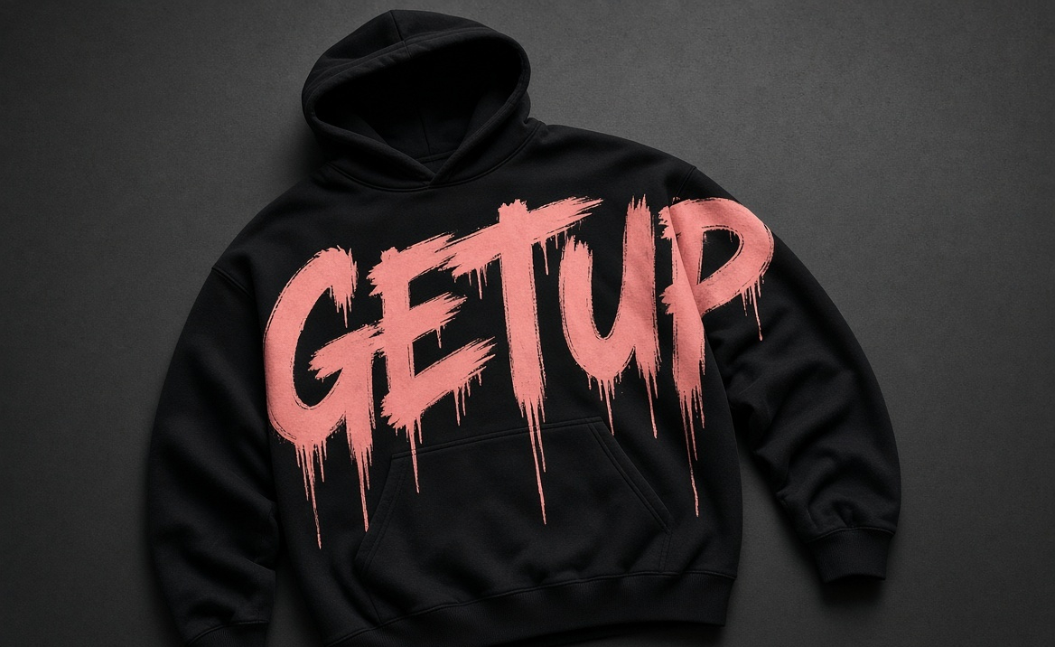GetUp heavyweight black hoodie with pink graffiti GETUP print