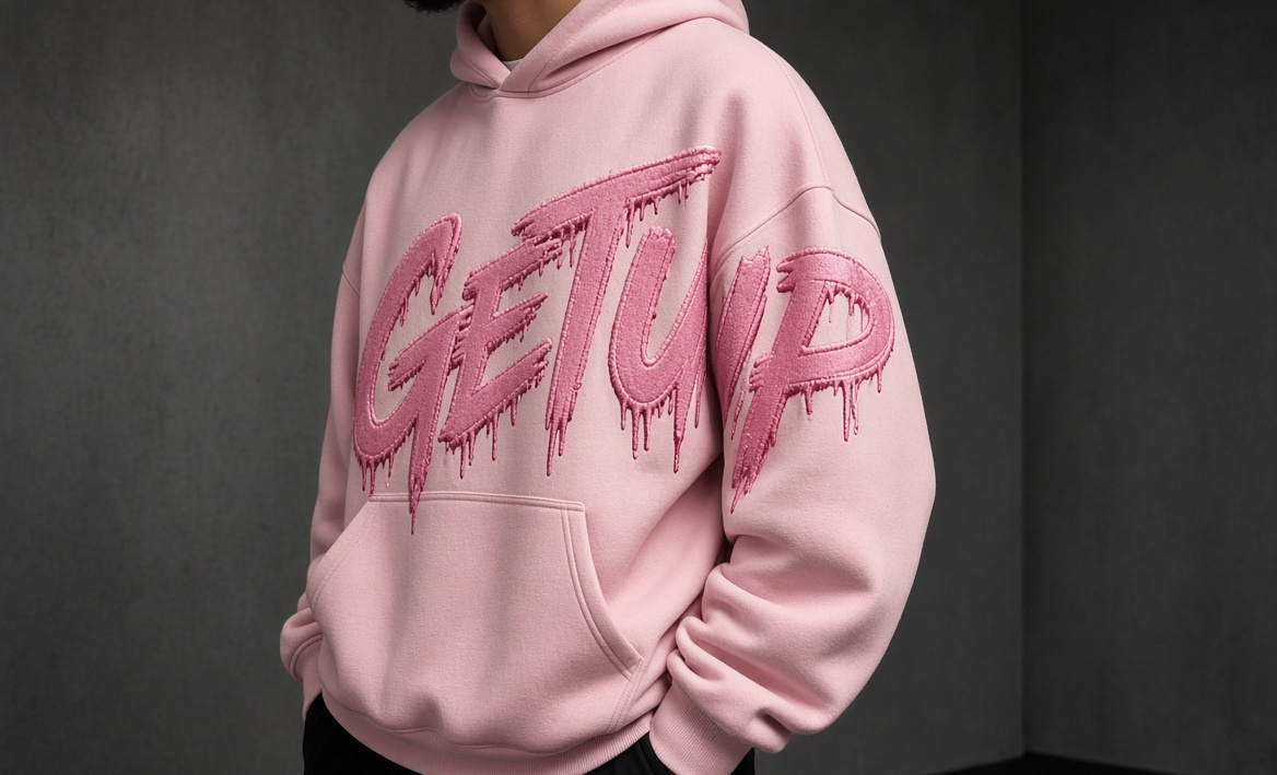 Pink hoodie with dark pink GET UP front print
