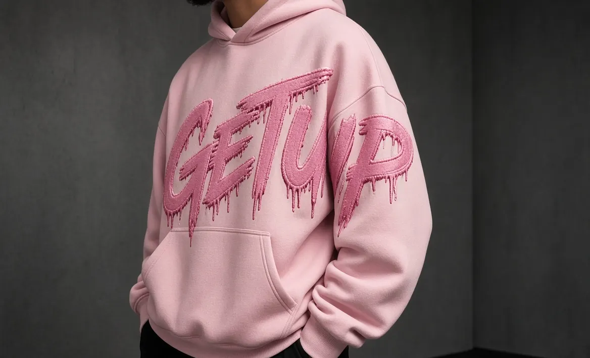 Pink hoodie with dark pink GET UP front print