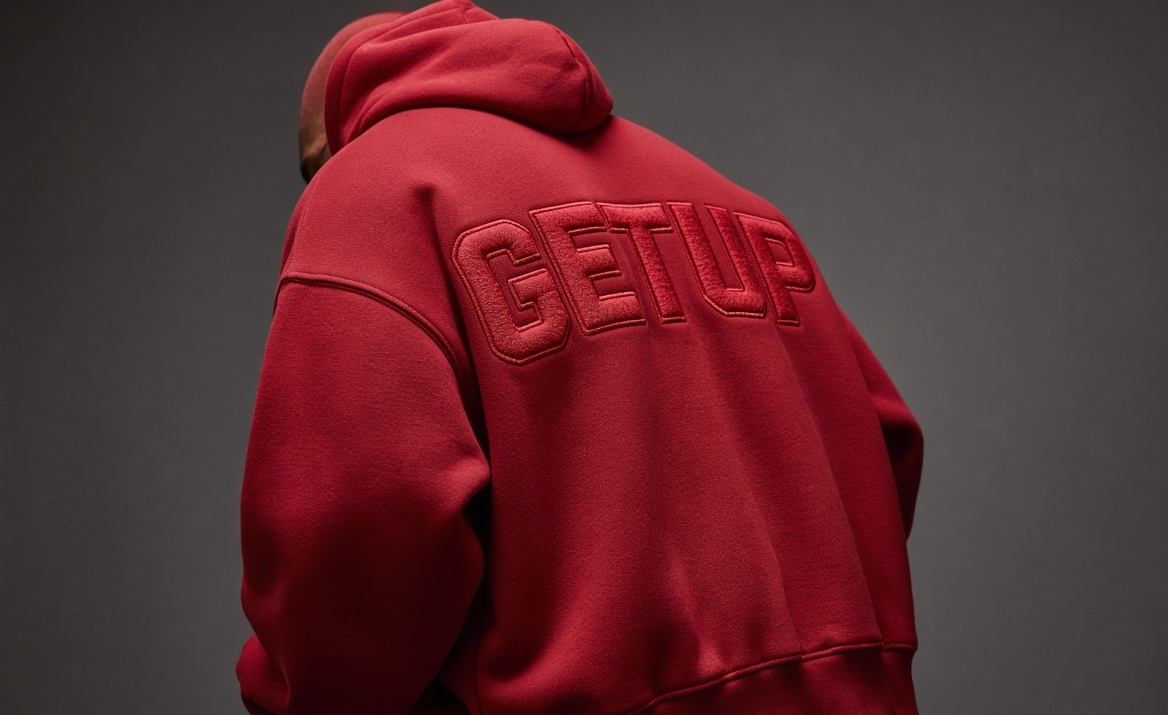 Red hoodie with GETUP back print