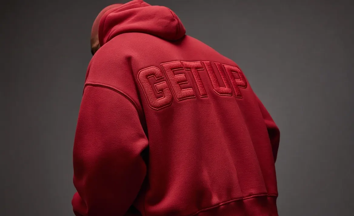 Red hoodie with GETUP back print
