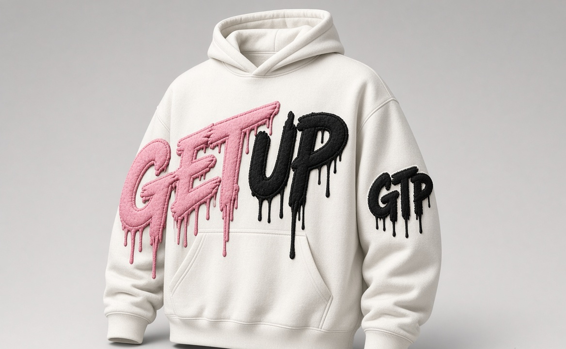 White hoodie with pink GET and black UP front print