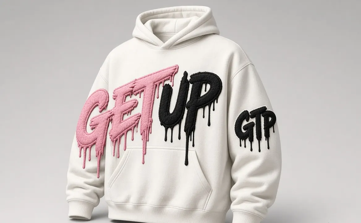 White hoodie with pink GET and black UP front print